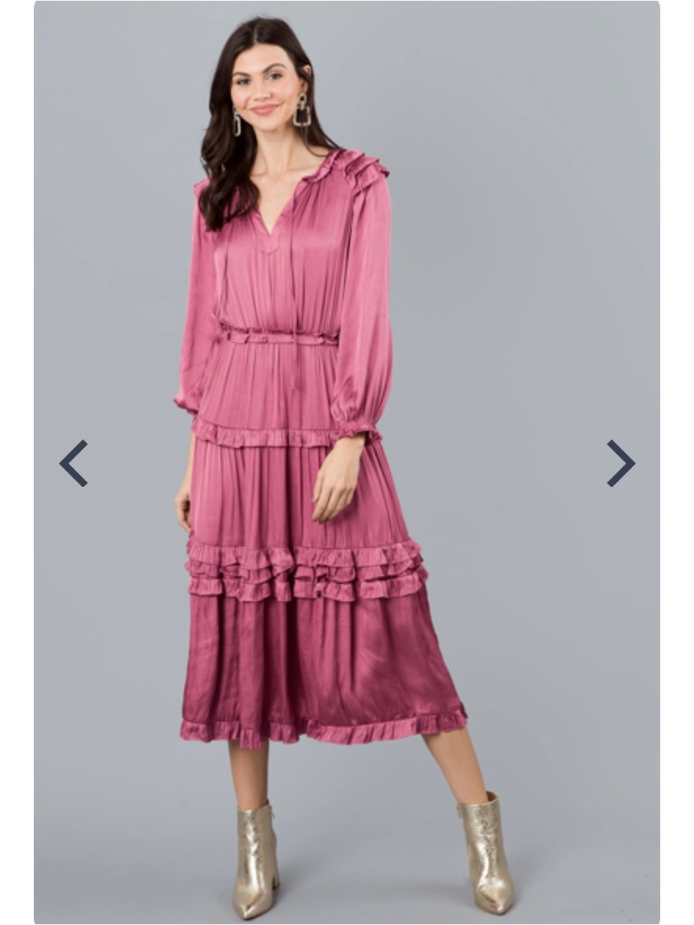 Current Air Rose-Pink Tiered Midi Dress with Ruffle Details
